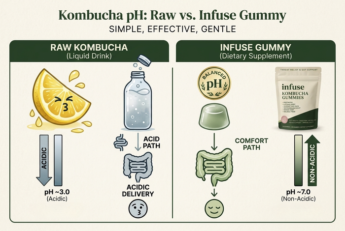 Raw kombucha pH vs Infuse buffered gummy comparison